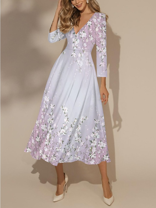  Women's Print V Neck Long Dress Maxi Dress Vacation 3/4 Length Sleeve Spring Fall