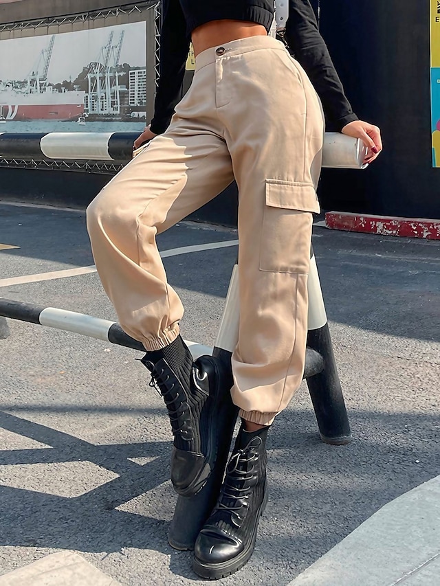  Femme Pantalon Cargo Chino Coton Taille haute Toute la longueur Amande Automne