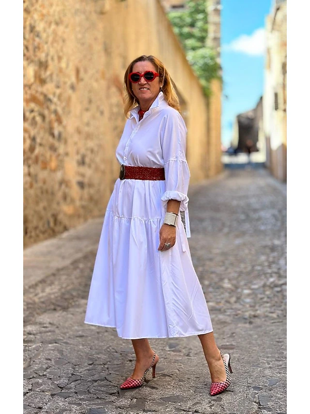Women's White Dress Shirt Dress Casual Dress Maxi long Dress Outdoor ...