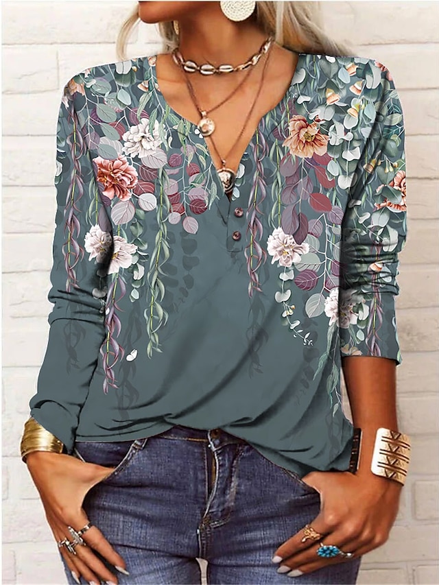  Women's T shirt Tee Floral Button Print Holiday Weekend Daily Basic Long Sleeve V Neck Black Fall & Winter