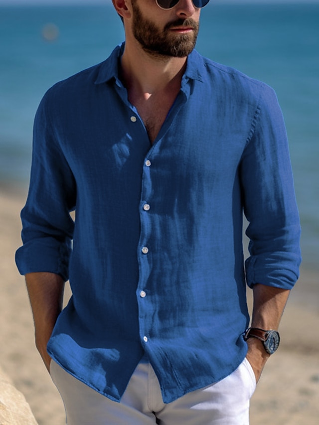  Bărbați Cămașă cămașă de in Camașă cu nasturi Cămașă casual Cămașă de plajă Negru Alb Roz Îmbujorat Manșon Lung Simplu Rever Primavara vara Casual Zilnic Îmbrăcăminte