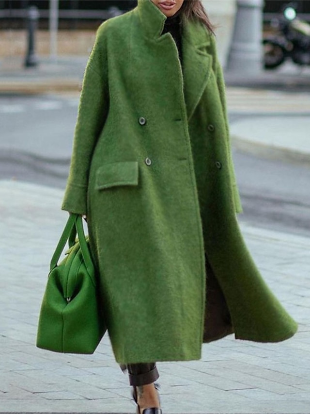  Women's Wool Blend Coat Winter Long Pea Coat Fall Oversized Maxi Over Coat Double Breasted Turndown Stand Collar Coat Loose Warm Street Wear Windproof Casual Jacket Long Sleeve Gray Khaki Green