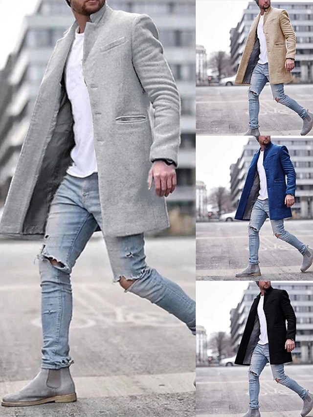 Men's Winter Coat Overcoat Trench Coat Short Coat Overcoat Work Business Winter Polyester Warm Outerwear Clothing Apparel Solid Colored Classic Style Notch lapel collar 10