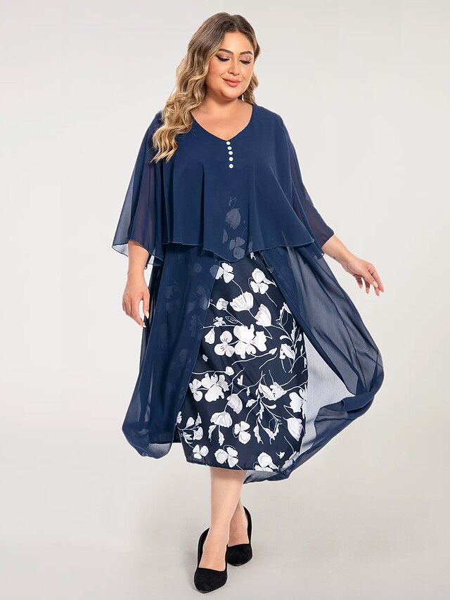 Women's Plus Size Curve Work Dress Floral V Neck Ruched 3/4 Length Sleeve Spring Summer Work Elegant Midi Dress Layered Formal Vacation Dress 20