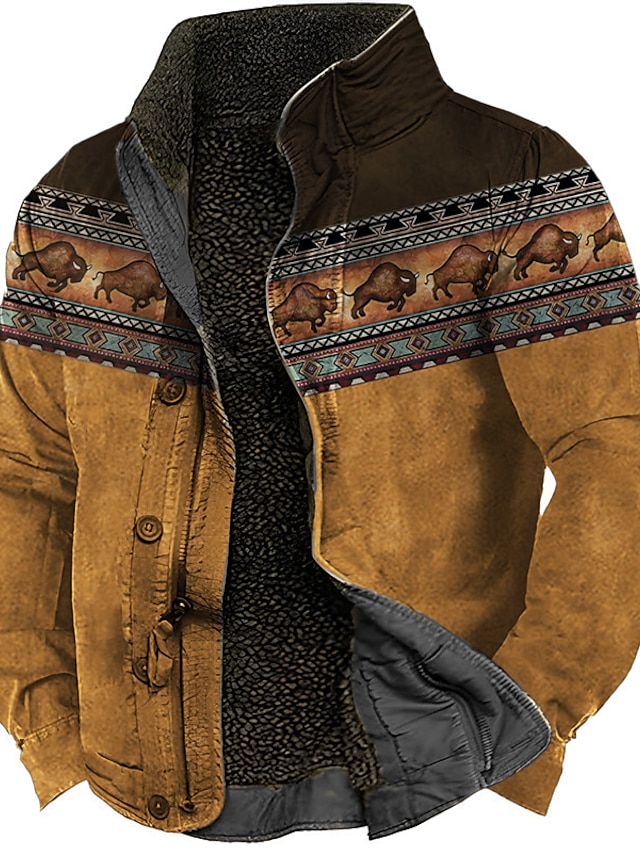  Christmas Buffalo Print Jacket Mens Graphic Tribal Bandana Vintage Sherpa Coat Sports & Outdoor Daily Wear Going Fall Winter Stand Collar Long Sleeve Yellow Blue Native American Casual Brown Leather