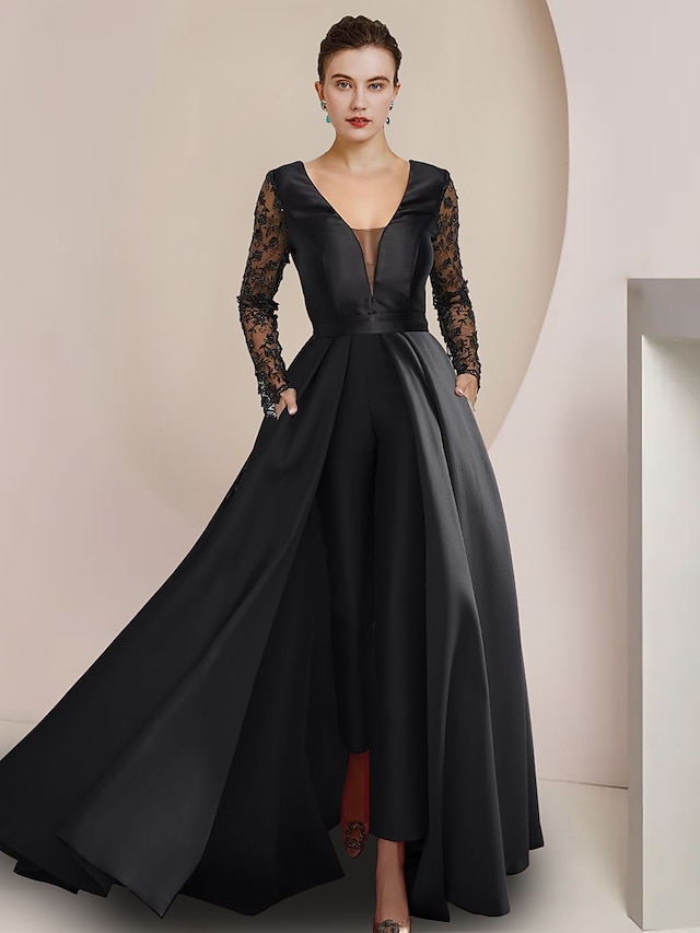  Jumpsuits Mother of the Bride Dress Formal Wedding Guest Elegant Party V Neck Floor Length Satin Lace Long Sleeve with Appliques 2024