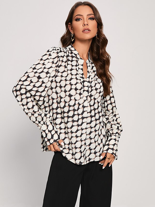 Geometric Satin V Neck Shirt Blouse 2024 - $27.99