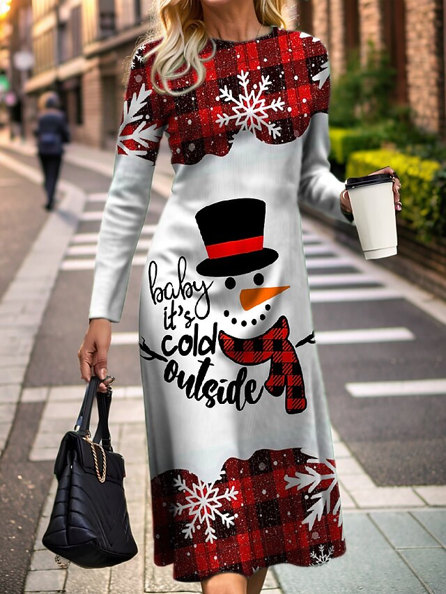 Women's Red Christmas Dress Christmas Dress Plaid Snowman Print Crew Women's Red Christmas Dress