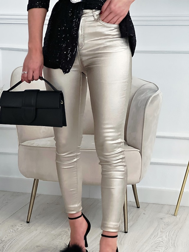  Women's Slim Pants Trousers Fashion Streetwear Metallic Full Length Mid Waist Solid Color Pocket Shiny Metallic Comfort Breathability Soft Micro-elastic Vacation Party Street Silver Fuchsia Fall