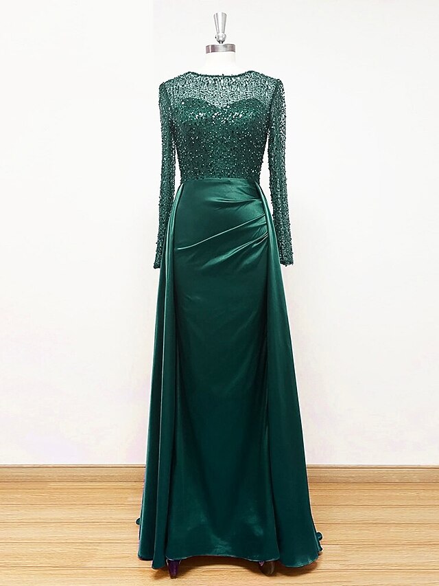 Long evening gown in dark brown sequin lace with a tulle overskirt mermaid maxi style