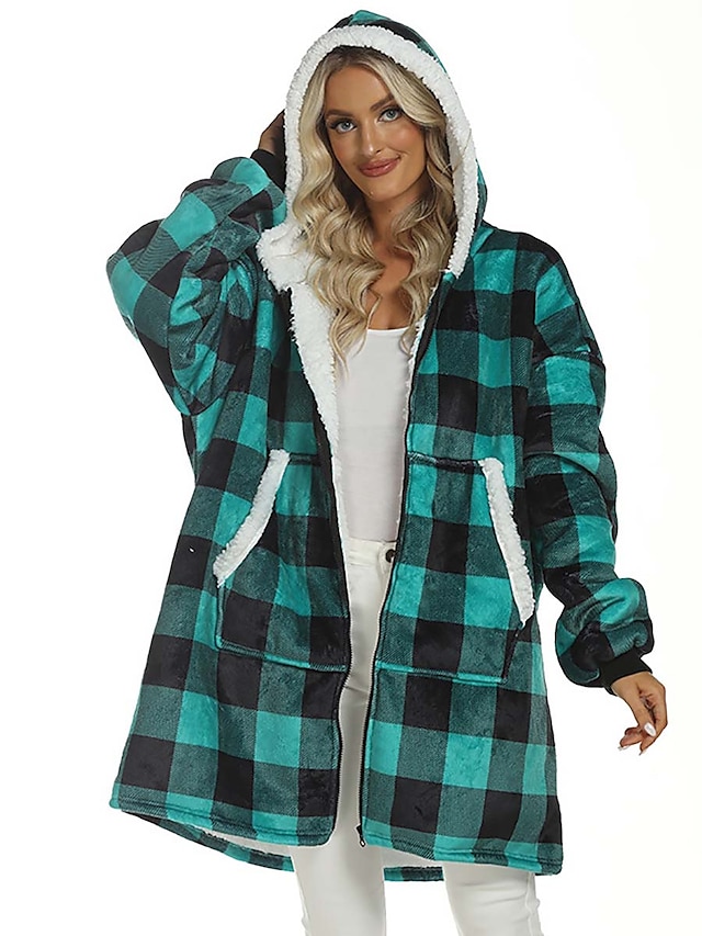  Women's Pajamas Loungewear Nightgown Sleepwear Buffalo Plaid Fashion Sport Simple Home Daily Bed Polyester Warm Pullover Long Sleeve Hoodie Fall Winter Red Blue