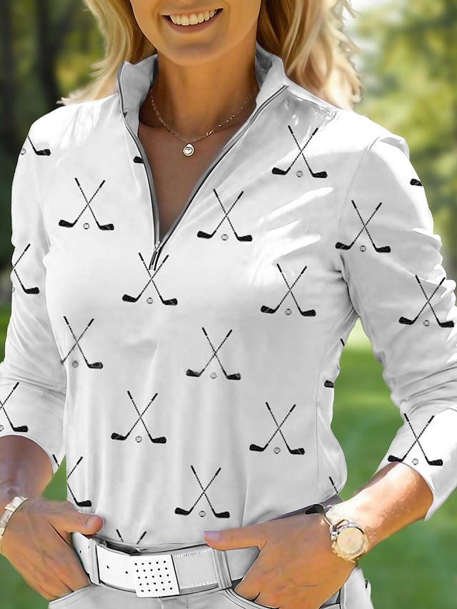  Women's Golf Polo Shirt White Royal Blue Long Sleeve Sun Protection Top Fall Winter Ladies Golf Attire Clothes Outfits Wear Apparel