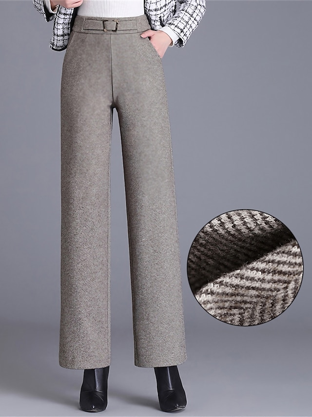  Women‘s Wide Leg Pants Herringbone Fleece Flannel Trousers Full Length Fashion Streetwear Work Black Khaki S M Fall Winter