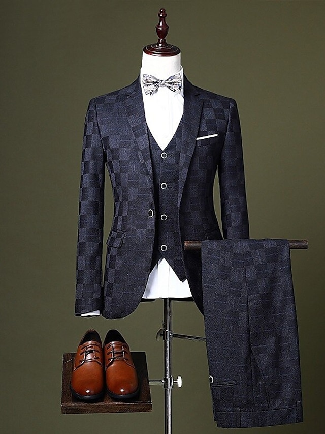  כחול רויאל/שחור/בורדו חליפות נשף לגברים חליפות חתונה משובצות משתה עסקי 3 חלקים חליפת התאמה אישית עם כפתור אחד 2024