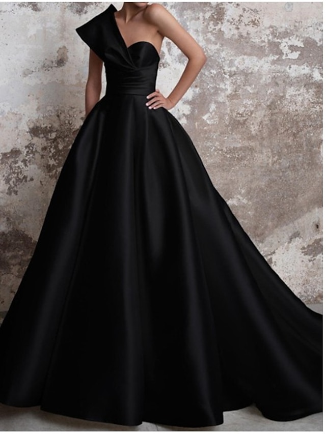  a-line aftenkjole fest svart kjole plus size festklær kirkerett tog ermeløs en skulder italia sateng ryggløs med ruched 2023