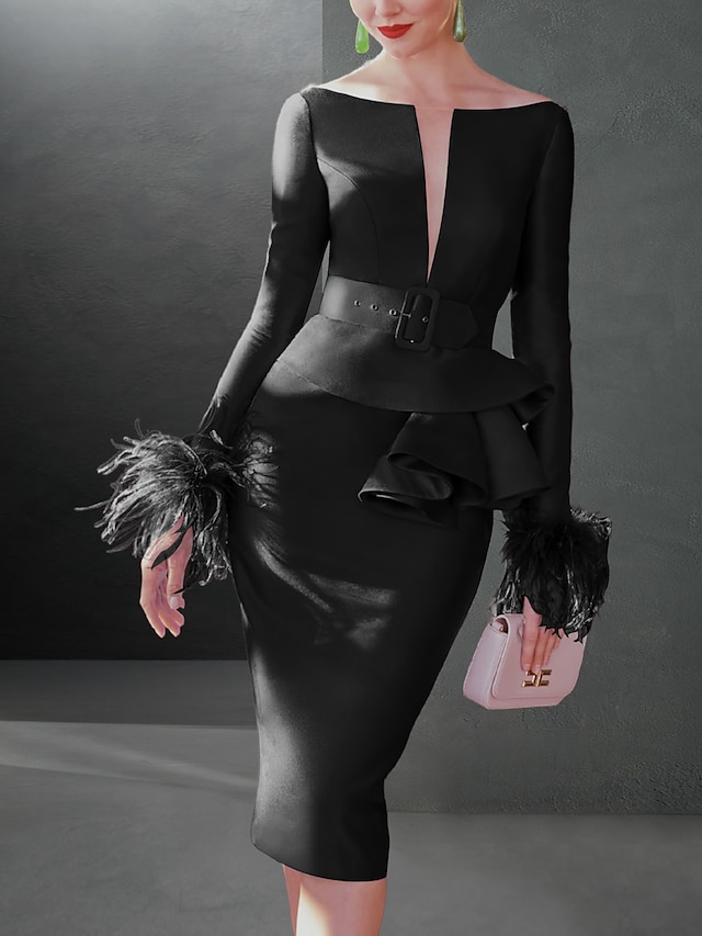  slire festkjole cocktailkjoler elegant kjole formell høstknelengde langermet v-hals belte / sash stretchstoff med fjærvolanger 2024
