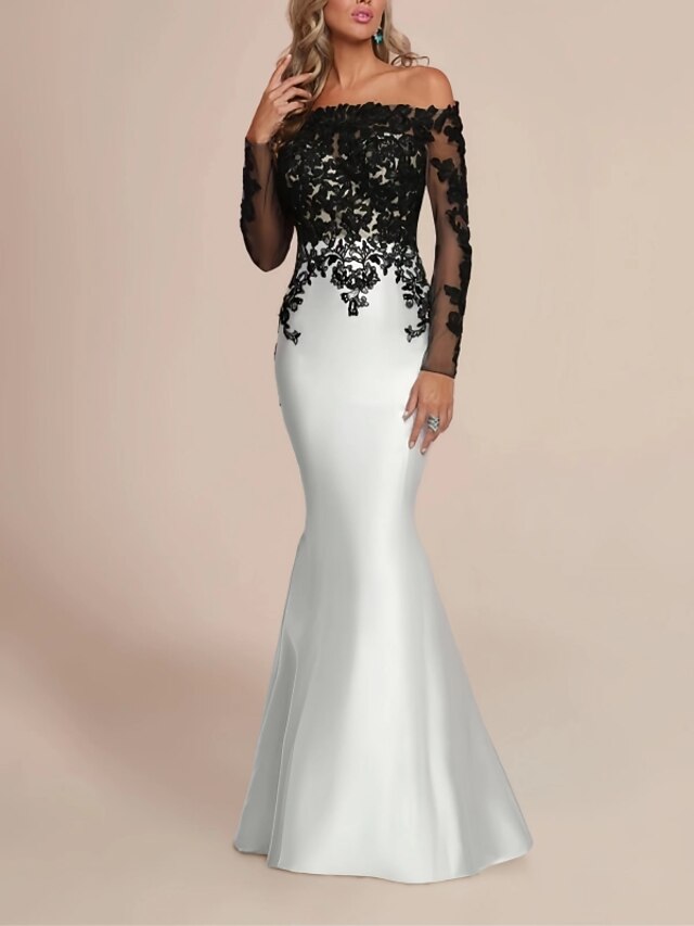 A-Line Evening Gown Elegant Dress Wedding Guest Floor Length Long Sleeve Off Shoulder Polyester with Overskirt Appliques main image 1
