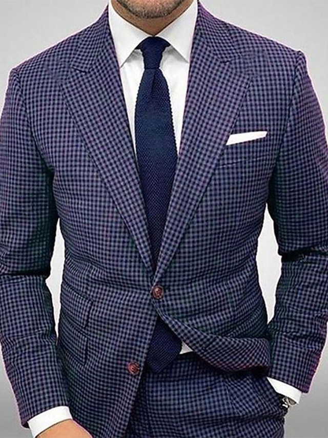  Men's Cocktail Attire Blazer Business Formal Evening Wedding Party Fashion Casual Spring &  Fall Polyester Plaid / Check Geometic Pocket Casual / Daily Single Breasted Blazer Blue Purple