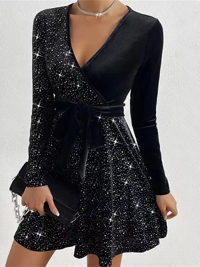 Women's Black Dress Velvet Dress Sequin Dress Velvet Sequins Glitter V Neck Long Sleeve Mini Dress Winter Dress Black Red Fall Winter 11
