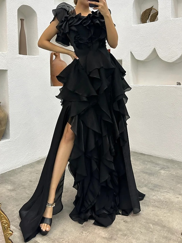 A-Line Evening Gown Black Dress Formal Masquerade Sweep Train Long Sleeve Off Shoulder Satin Pearls Slit 2025 Free Customized