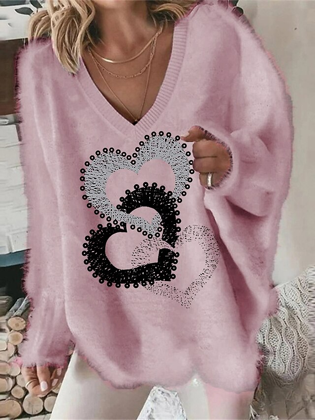 Women's Pullover Sweater Jumper Stylish Soft Heart Fuzzy Crew Neck Print Drop Shoulder Long Sleeve Regular Tops Knit Going out Weekend White Pink Fall Winter4