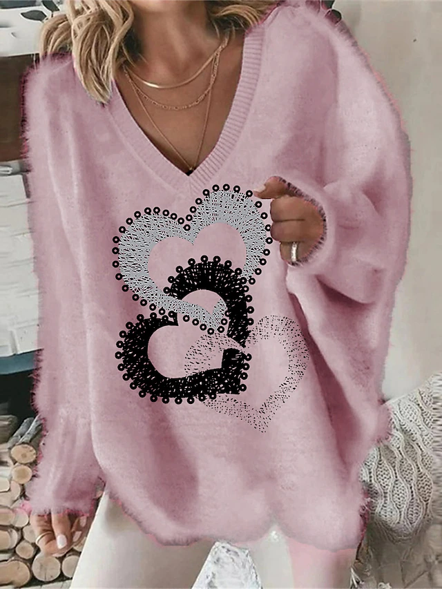 Women's Pullover Sweater Jumper Stylish Soft Heart Fuzzy Crew Neck Print Drop Shoulder Long Sleeve Regular Tops Knit Going out Weekend White Pink Fall Winter4