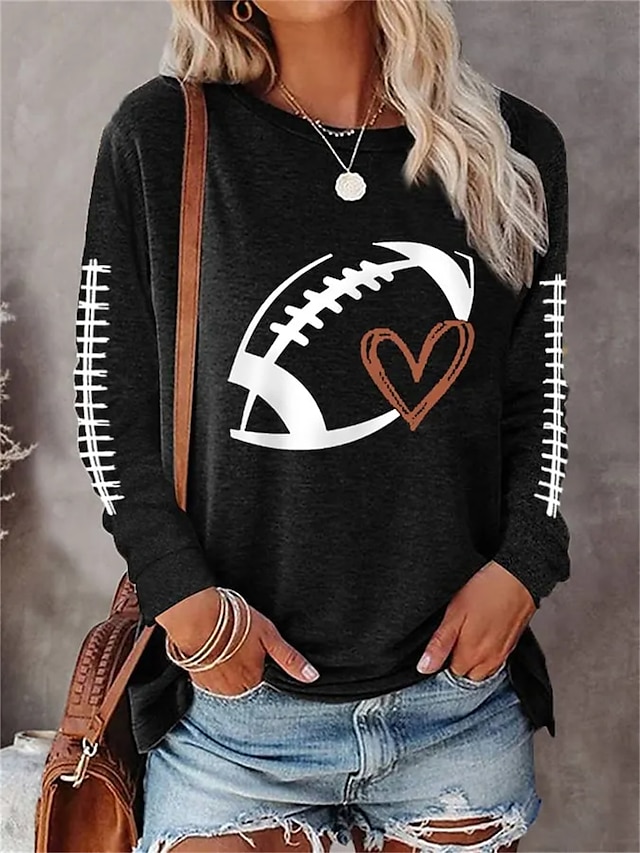  Mujer Camiseta Corazón Fútbol Americano Beisbol Estampado Diario Fin de semana Básico Manga Larga Escote Redondo Negro Primavera & Otoño
