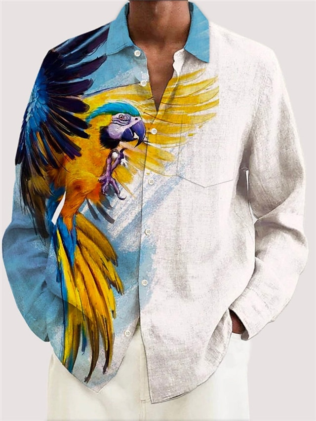  Попугай Гавайский На каждый день Муж. Рубашка на открытом воздухе Для улицы На каждый день Наступила зима Отложной Длинный рукав Синий S M L Рубашка