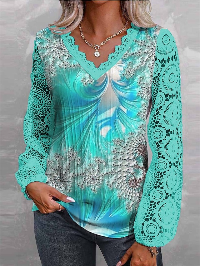  Γυναικεία Πουκάμισο Δαντελένιο πουκάμισο Μπλούζα Φλοράλ Γραφική Causal Αργίες Δαντέλα Στάμπα Φανάρι μανίκι Πράσινο του τριφυλλιού Μακρυμάνικο Μοντέρνα Λαιμόκοψη V Άνοιξη & Χειμώνας