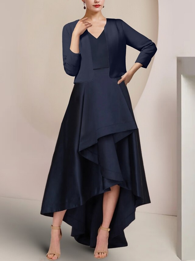 A-Line Mother of the Bride Dress Wedding Guest Elegant Scoop Neck Asymmetrical Floor Length Satin 3/4 Length Sleeve with Sequin main image 0
