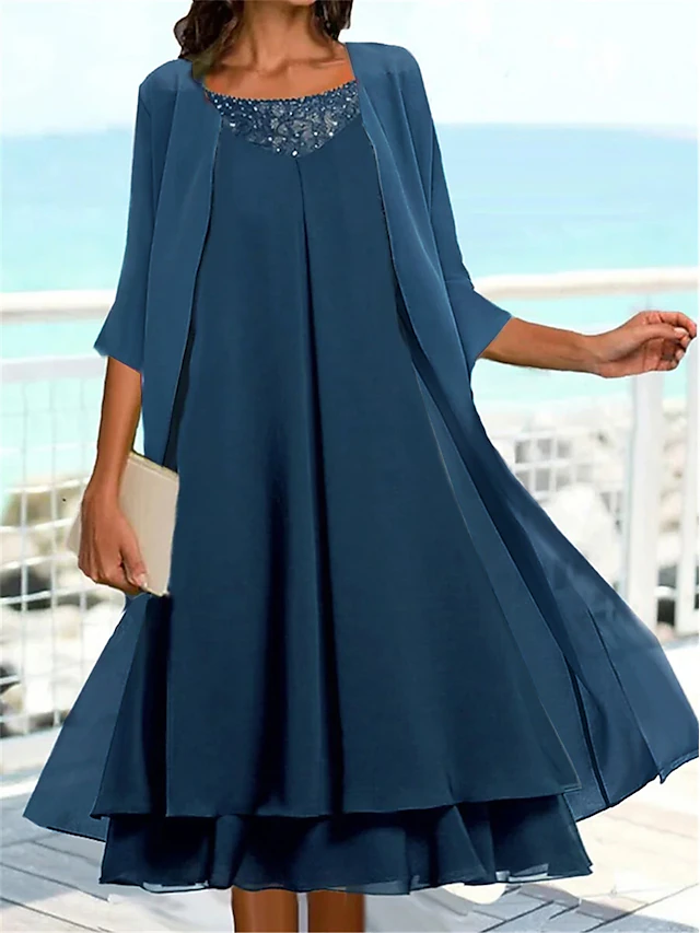 Women's Wedding Guest Cocktail Dress Chiffon Fashion Layered Casual Elegant Two Piece Dress Set Midi Fall Winter Dress Crew Neck 3/4 Length Sleeve Plain Navy Blue 5