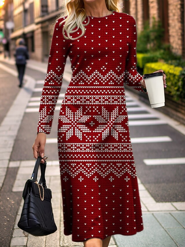 Women's Red Christmas Dress Christmas Dress Plaid Snowman Print Crew