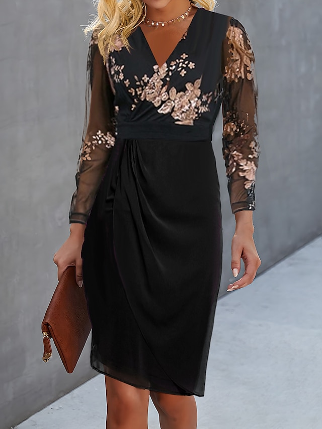  Γυναικεία Μαύρο φόρεμα Φόρεμα για πάρτυ Κοκτέιλ Φόρεμα Δίχτυ Κουρελού Λαιμόκοψη V Μακρυμάνικο Μίντι φόρεμα Διακοπές Μαύρο Άνοιξη Χειμώνας