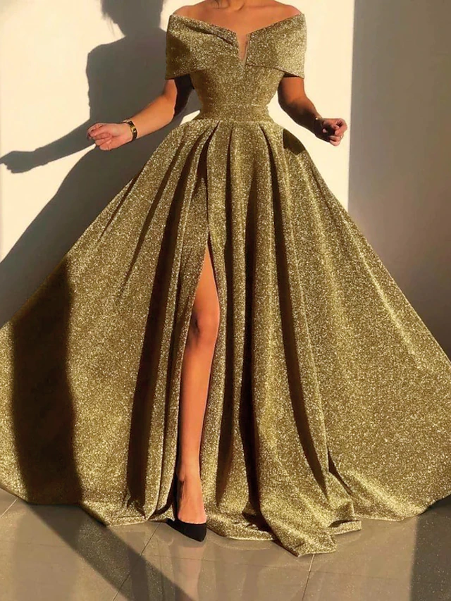 A-Line Evening Gown Sparkle & Shine Dress Formal Fall Court Train Sleeveless Off Shoulder Sequined with Sequin Slit Masquerade Dress 19