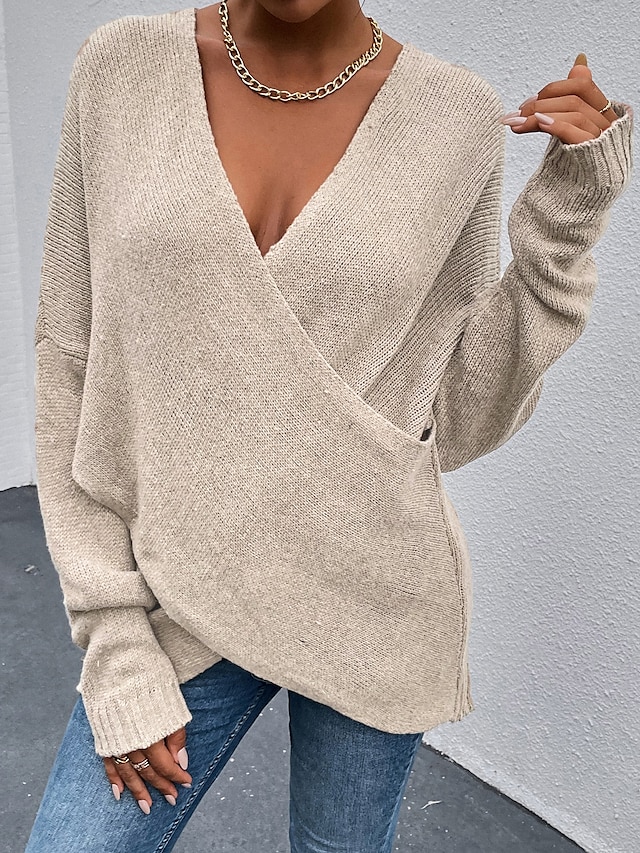  Women's Sweater Pullover Jumper Criss Cross Knitted Solid Color Stylish Casual Long Sleeve Regular Fit Sweater Cardigans V Neck Fall Winter Blue Purple Pink / Holiday / Going out