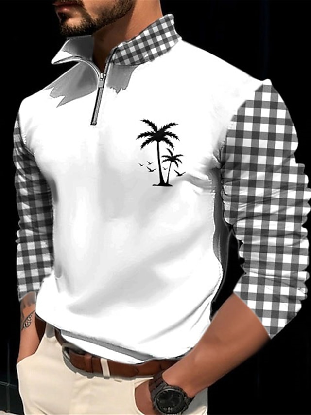  Kentucky Derby Pánské Pléd Kokosový strom Polo na zip Golfové polokošile Dlouhý rukáv Polo tričko Zip Na běžné nošení Venkovní Běžné / Denní Streetwear 3D Tisk Podzim zima Bílá Vodní modrá Trávov