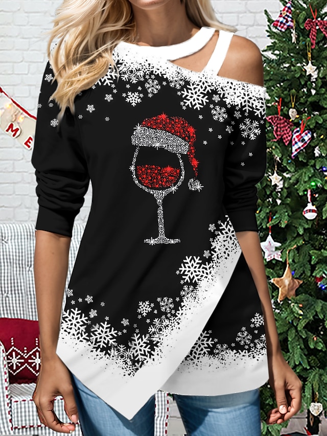 Christmas Shirt Women's Shirt Blouse Graphic Snowflake Black Cut Out ...