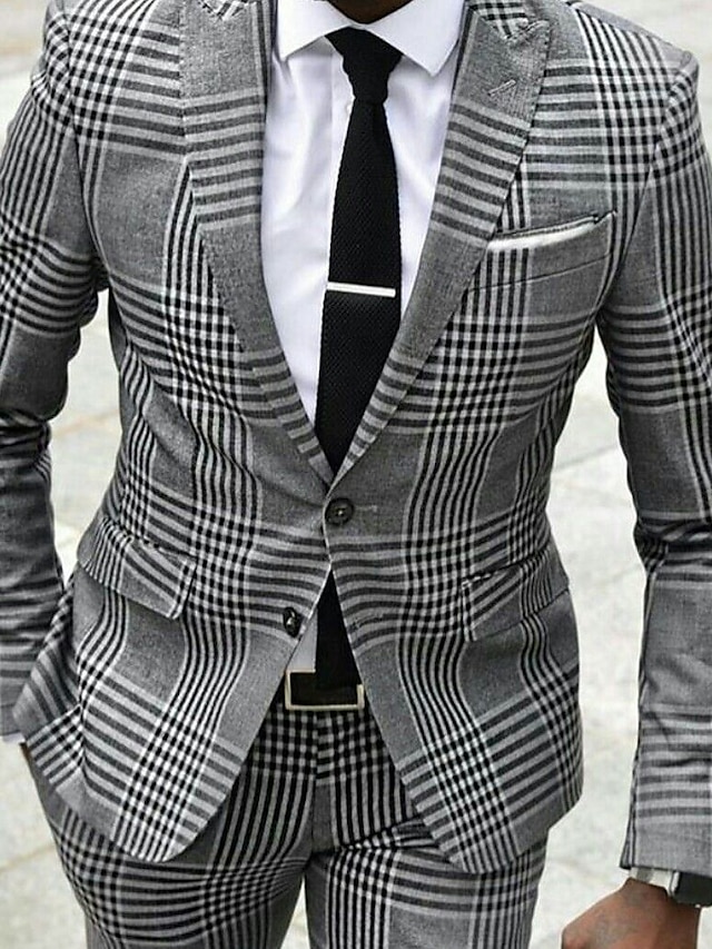  חליפות חתונה לגברים אפורות 2 חלקים משובצים משובצים בהתאמה אישית עם שני כפתורים חד חזה 2024