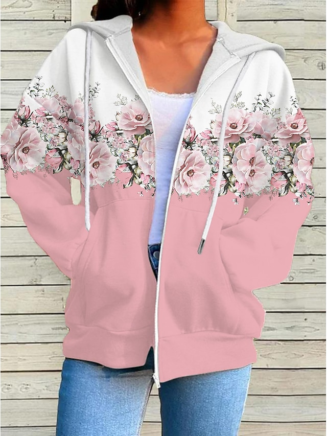  Women's Oversized Zip Up Hoodie Sweatshirt Floral Casual Sports Drawstring Zip Up Front Pocket Black White Pink Active Vintage Sportswear Hoodie Long Sleeve Top Micro-elastic Fall & Winter