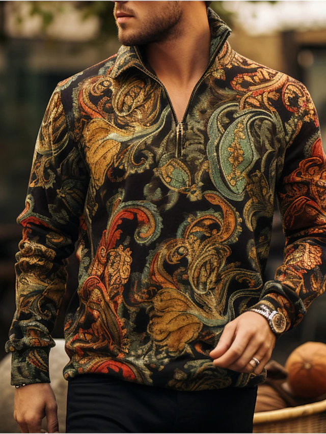 Men's Paisley Zip Polo Shirts Golf Shirt Long Sleeve Polo Shirts Collared Shirts Vintage Casual Vacation Wear Party Outfits 3D Print Quarter Zip Polo Fall & Winter Black2