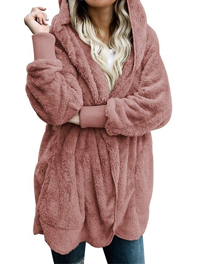 Women's Fleece Jacket Sherpa Jacket Teddy Coat Outdoor Street Daily Fall Winter Coat Regular Fit Windproof Warm Comtemporary Stylish Plush Jacket Long Sleeve Plain with Pockets Oversize Lotus Black 19