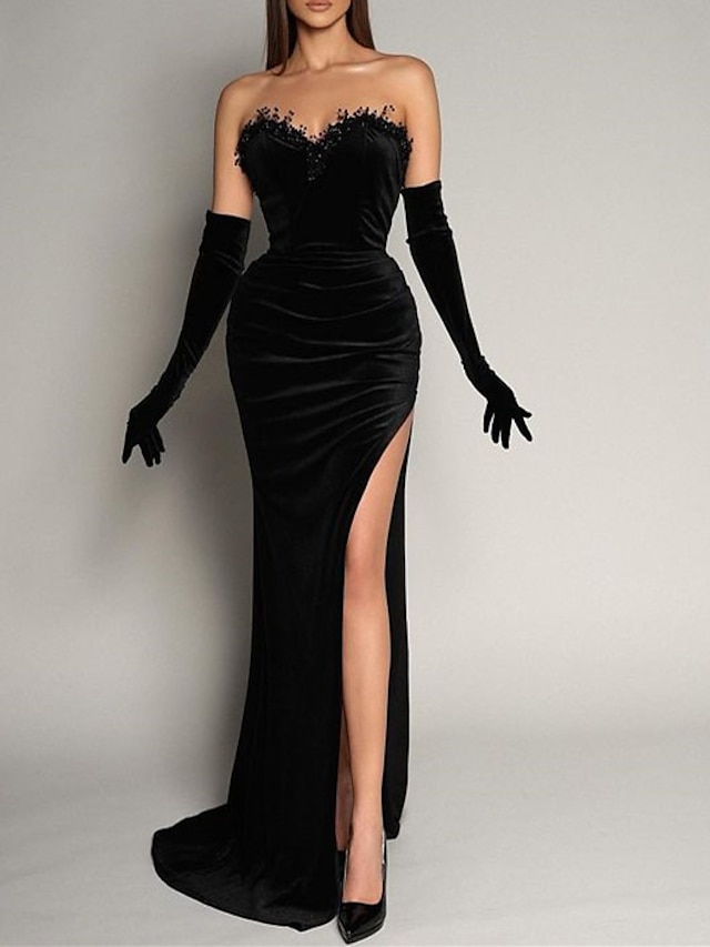  Sereia Vestidos de noite Vintage Vestido Formal Mascarilha Cauda Escova Sem Manga Sem Alças Vestido preto Veludo com Franzido Fenda 2024