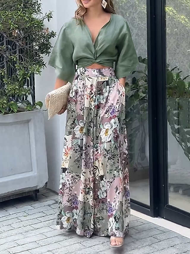  Women's Blouse Pants Sets Floral Outdoor Date Going out Pocket Print Knot Front Green 3/4 Length Sleeve Fashion Streetwear Modern Shirt Collar Fall