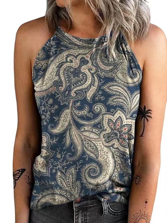  Naisten Boho paita Camis Kuvitettu Tribaali Painettu Kausaliteetti Vintage Etninen Hihaton Hihaton Pyöreä kaula-aukko Sininen