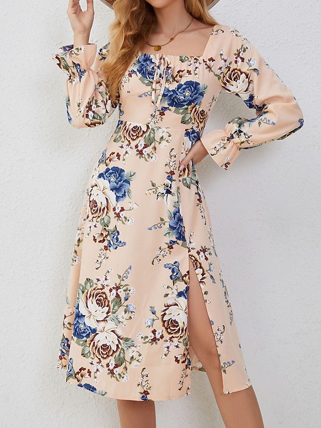 Women's A Line Dress Floral Dress Floral Print Ruffle Square Neck Midi
