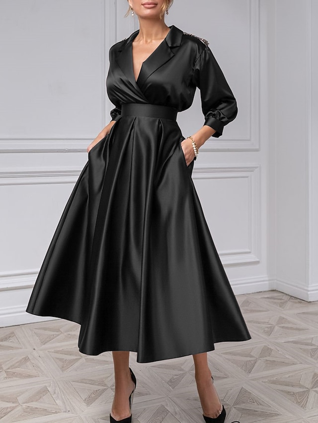  Robe cocktail en A robe élégante robe de smoking invitée de mariage soirée longueur thé manches 3/4 col de chemise satin avec robes plissées