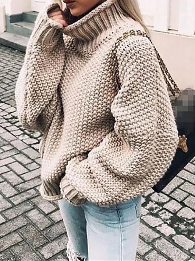  Women's Pullover Sweater Jumper Turtleneck Ribbed Knit Polyester Oversized Fall Winter Regular Daily Going out Weekend Stylish Casual Soft Long Sleeve Solid Color Black Pink Green S M L