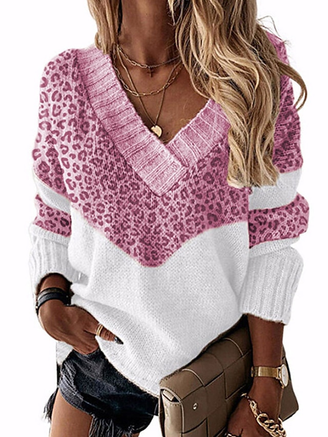 Women's Pullover Sweater Jumper V Neck Ribbed Knit Patchwork Fall