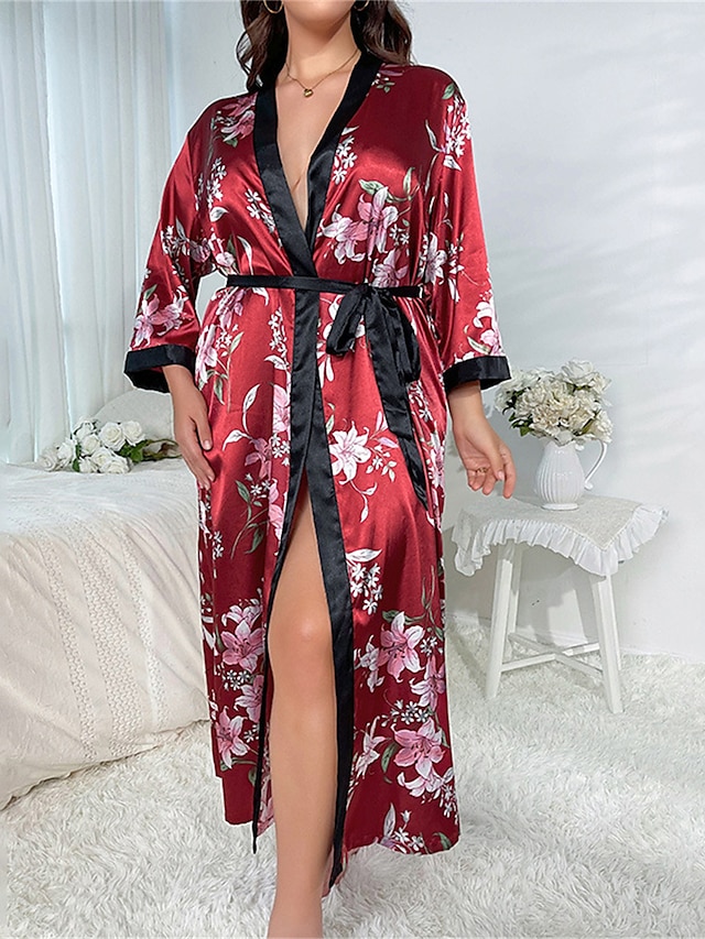  Women's Plus Size Pajamas Bathrobe Heart Flower Simple Casual Comfort Home Bed Wedding Party Polyester Breathable V Wire Long Sleeve Summer Spring Pink love Safflower