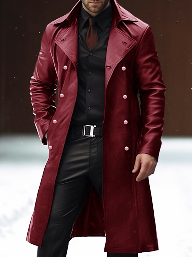  Men's Faux Leather Jacket Winter Coat Peacoat Trench Coat Office & Career Daily Wear Winter PU Thermal Warm Windproof Outerwear Clothing Apparel Fashion Warm Ups Plain Pocket Lapel Single Breasted